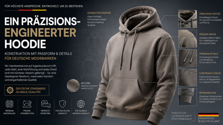Präzisionsgefertigter Hoodie für deutsche Modemarken – Hoodie- und Sweatshirt-Hersteller in Indien mit hochwertiger Passform, 420 GSM Premium-Fleece, präzisen Nähten, funktionalen Details und exportorientierter Fertigung.